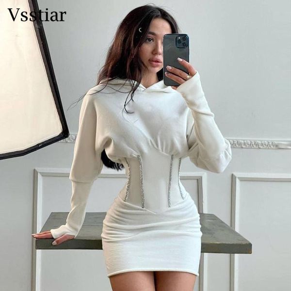 Casual Kleider Vsstiar Kapuzenkleid Weiß Schwarz Langarm Mini Hoodies Herbst Winter Rosa Solide Mantel Damen Vestidos