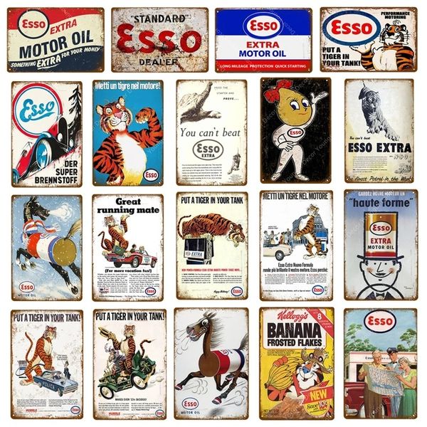 Retro Esso Extra Metallo Targhe in Metallo Tigre Olio Motore Latta Poster Decor per Pub Bar Auto Garage Benzina Piastra Vintage Home Decorazione Personalizzata Dimensioni 30X20CM w02