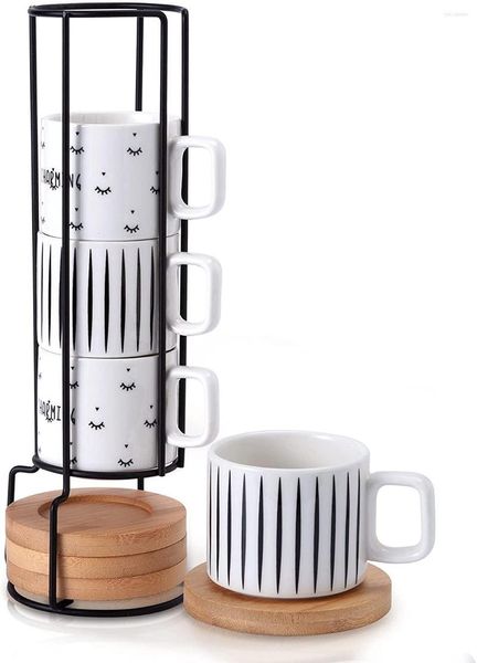 Xícaras de copo de café expresso com pires e metal Stand Siducal empilhável Cerâmica Demitasse caneca para Latte Coffee Cafe Mocha