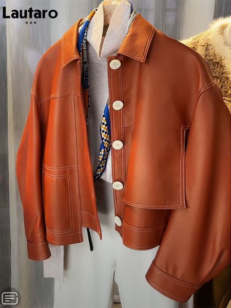 Jackets femininos LaUtaro Spring Autumn Orange laranja preta preta solta jaqueta de couro Faux Buttons Rounway Luxury Designer Roupos Moda 230307