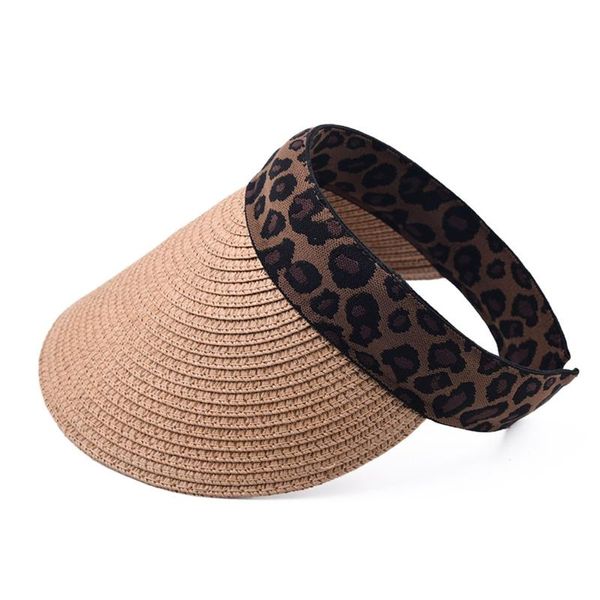 Chapéus de aba larga Nicho de verão Visor Hat vintage leopardo vazio palha de palha respirável Proteção solar para desgaste diário Morning Workout 101aWide