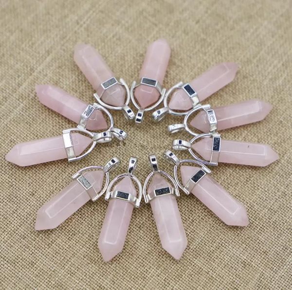 Charms Natural Stone Rose Quartz Héxagonal Pillar Charm Pingentes para Acessórios para Jóias para Mulheres DIY Novos Colares de Design Drop DH4QE