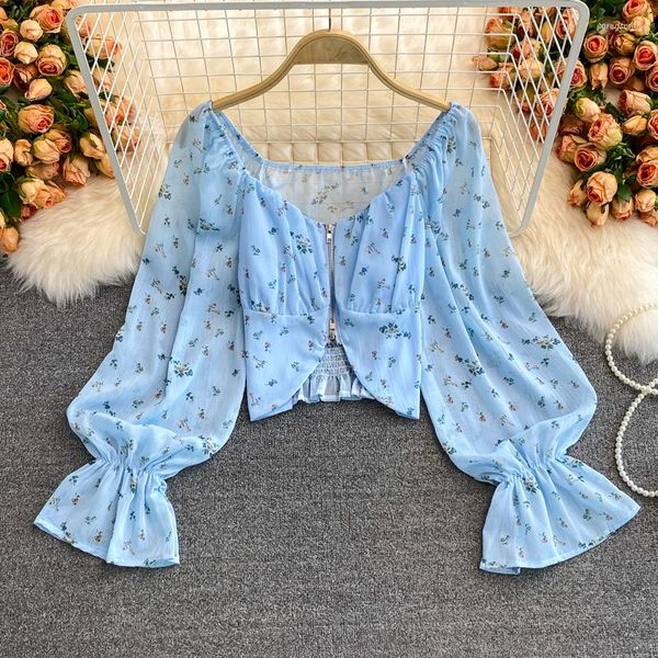 Blouses feminina Frenda French Floral Shirt Fashion Fashion Zipper Chiffon Square Collar Tops Longo Tops Sweet Retro Alta Blusa curta