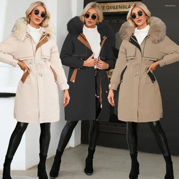 Damen Trenchcoats 2023 Winter Baumwolle gepolsterte Jacke Parker Langer warmer Reißverschlussmantel mit Pelzkragen und Kaschmir 2er-Set für Europa Amerika