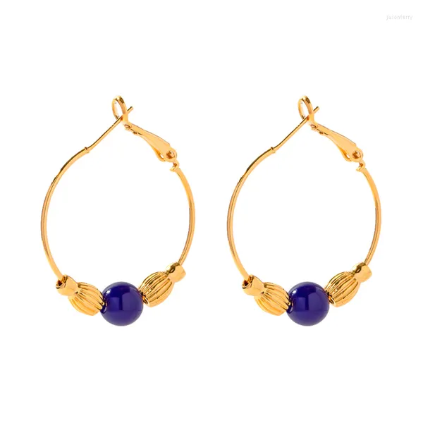 Orecchini a cerchio Minar Temperament Blu navy Pietra naturale Lapis per le donne Ottone placcato oro 14 carati Grande orecchino a dichiarazione Oorbellen