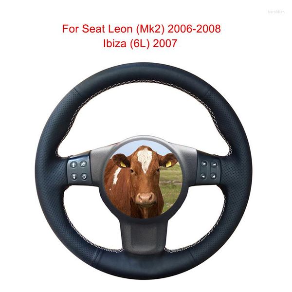 Tampas do volante de direção Capa de couro de couro diy Capinho de couro original Praço preto personalizado para o assento Leon (2) 2006-2008 Ibiza (6L)
