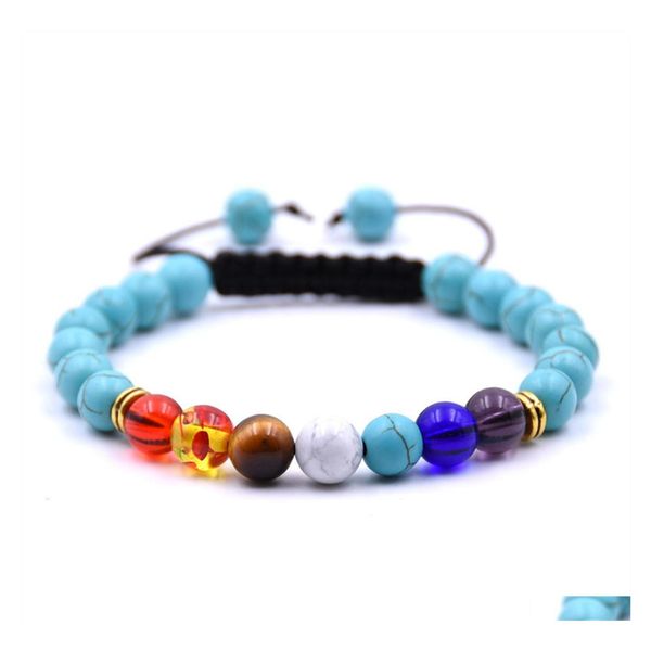 Fili di perline Bracciale in pietra naturale regolabile intrecciato a mano con turchese fortunato 7 chakra con perline rotonde da 8 mm per unisex all'ingrosso Dhnuc