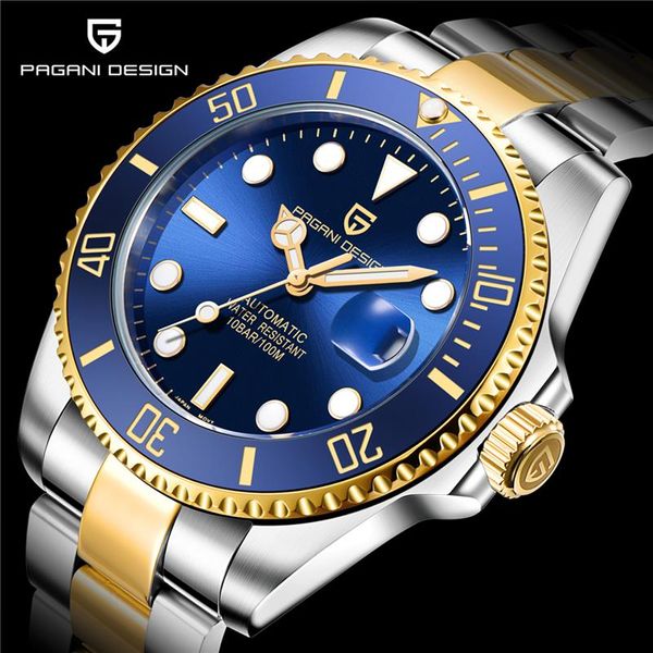 PAGANI Design Two Tone Blue Ceramic Bezel Watch Dive Watches Movimento meccanico automatico Uomo Acciaio inossidabile Waterproof Wristwat232S