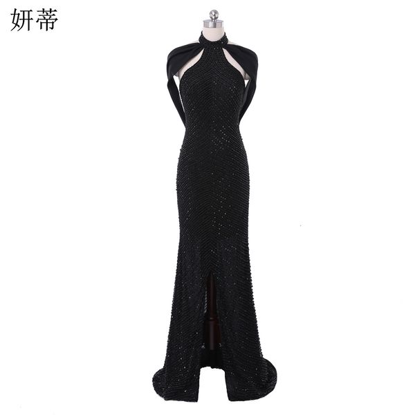 Parti Elbiseleri Zarif Siyah Açık Arka Şifon Denizkızı Promu Elbiseler Yular Boyun Boncuk Sequin Omuzdan Serbest Kalmaz Gece Elbisesi 230307