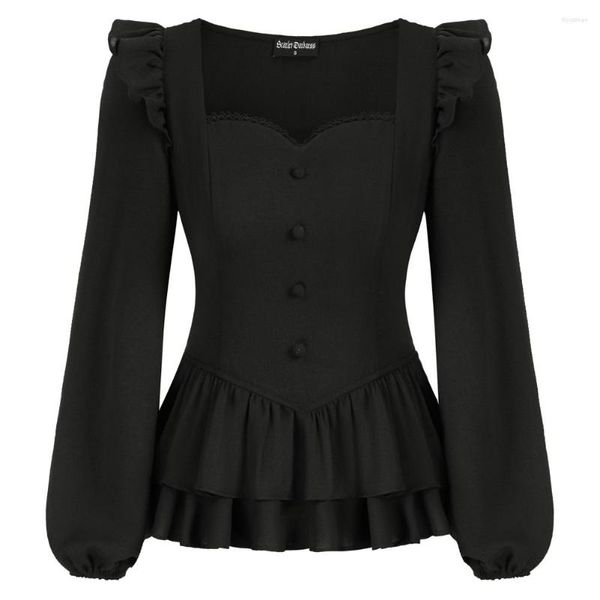 Damenblusen SD Frauen Rüschen Dual Layer Schößchen Saum Tops Frühling Langarm Quadrat Herzförmiger Ausschnitt Schwarz Weiß Top Ropa Mujer