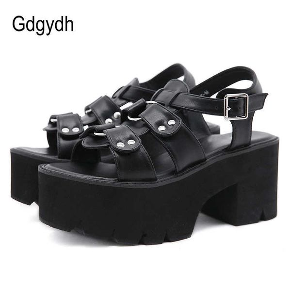 Sandalet gdgydh vintage s gotik sandalet tıknaz topuk siyah deri pu bayanlar konfor ayakkabı yaz açık ayak parmağı roman tarzı toptan z0306