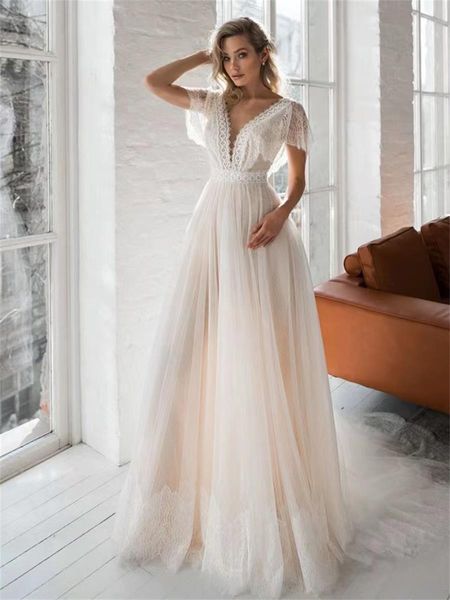 Novo Vestido de Noiva Longo Boêmio Nu Costas Luxuoso Sexy Decote em V Profundo Renda FN9339
