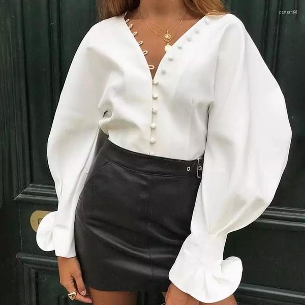 Blouses feminina Vintage Lazy Court Style Shirts White Spring Runway Mulheres de manga longa Europa de peito único Europa Sexy Vo Tops elegantes