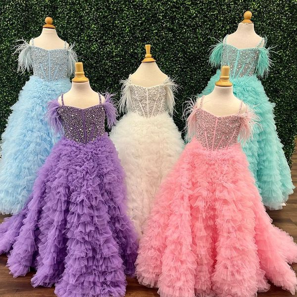 Ruffles Candy Color Girl Dress Dress 2023 Cristais de penas Pearls Garinha Aniversário Vestido de festa formal infantil adolescentes infantis pequenos jovens jovens juniores miss aqua rosa lilás