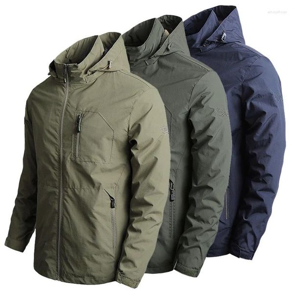 Herren Jacken Jacke Männer Windjacke Casual Solide Slim Fit Kapuzenmantel Outwear Bergsteigen Schnell Trocknend Wasserdicht Armee Militär 5XL