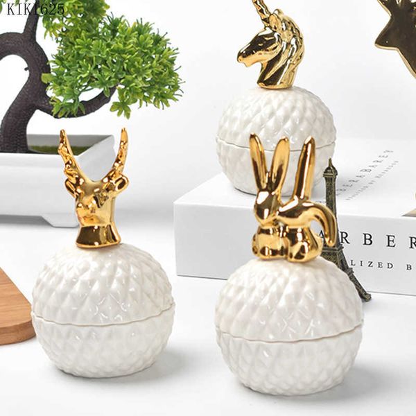 Garrafas de armazenamento JARS Europeias Cerâmica Branco Jarra de Jóias de Animal Dourado Candas Candas Redonda Jar de Armazenamento de Objetos Decoração Requintada J230301