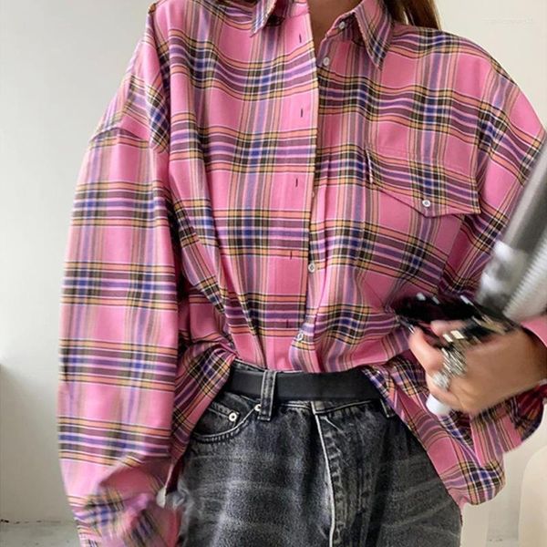 Bloups feminina Europa e Estados Unidos 2023 Spring Vintage Classic Plaid Circle Fashion tops com lapela moderna solta