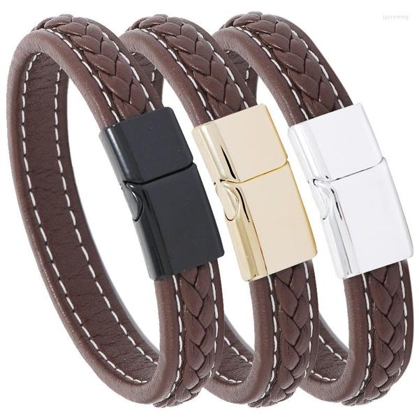 Braccialetti con ciondoli Cuoio marrone Intrecciato Cucito Artigianato Bracciale Gioielli Moda Magnete Connettore Materiale in lega Regalo Uomo Donna