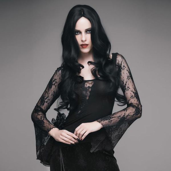 Kadın Tişörtleri Lady Gotik Petal Sleeve Asimetrik Hem Tees Seksi Düşük Yaka İnce Fit Uzun Topwomen's