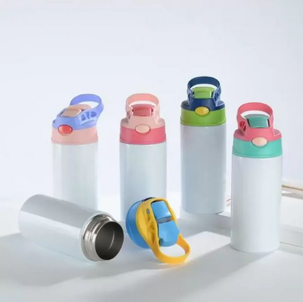 SUBlimação em branco Crianças copos de bebê copos de garrafa de bebê 12 oz garrafa de água branca com palha e tampa portátil 5 tampas coloridas Sublimação impressão SS0308