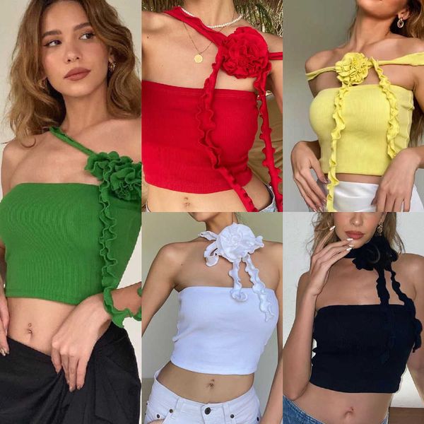 Vestiti all'ingrosso 2023 Primavera Estate Donna T-shirt Crop Tops Nuova moda sexy francese tridimensionale fiore cinturino collo pannello reggiseno gilet canotta magliette per le donne