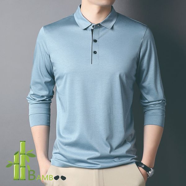 Мужская полое бамбуковые волокно и хлопковая смеси рубашка для рубашки с длинным рукавом футболка мягкая и дышащая бесшовная осенний вес -легкий верхний синий 230308