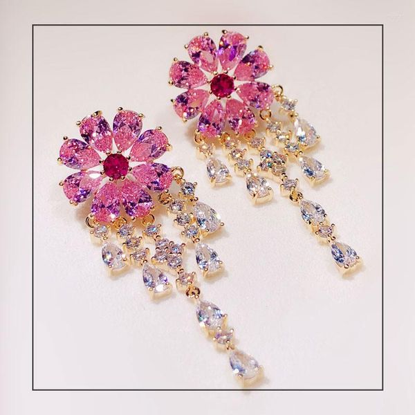 Ciondola gli orecchini di goccia per le donne 925 aghi fiore rosa lunghe nappe cubic zirconia gioielleria adolescente cuore bijoux femme