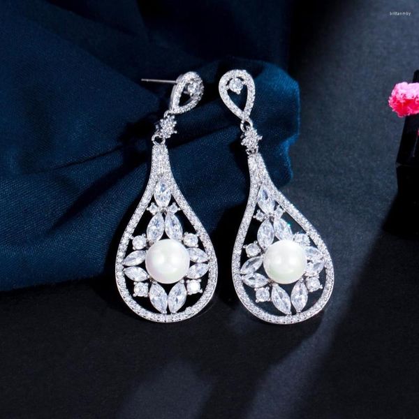 Brincos de Dangle Beaqueen elegante grande lágrima forma de zircão cúbico pedra gota de pérola cor de prata feminina partida de casamento jóias e446