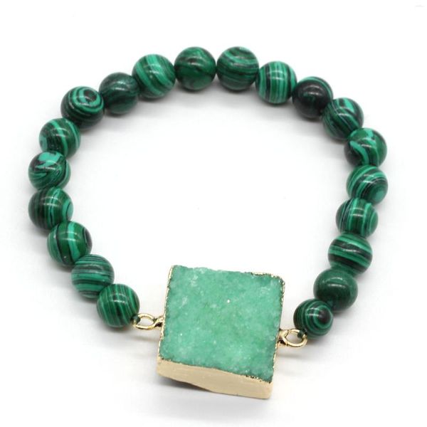 Braccialetti con ciondoli Perline Kraft Colore oro giallo chiaro Forma quadrata irregolare Cristallo tinto verde con perline tonde Bracciale in pietra di malachite