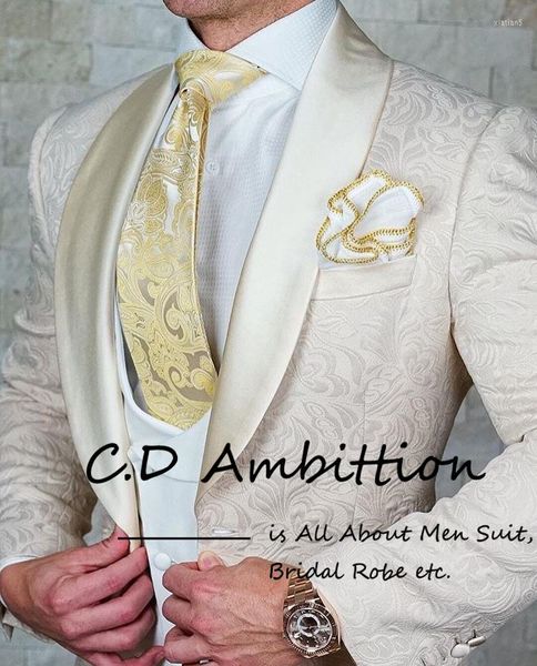 Herrenanzüge Champagner Jacquard Anzug für Männer Luxushochzeit 2023 Blazer Sets 3 -teilige Bräutigam's Tuxedo Prom Kleid Satin Schal Revers Custom