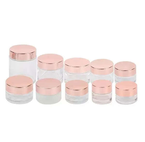 Jarra de creme de vidro fosco por atacado Loção de garrafas de cosméticos transparentes Recipiente labial com garrafas de embalagem de tampa de ouro rosa 5g 10g 30g 50g 100g