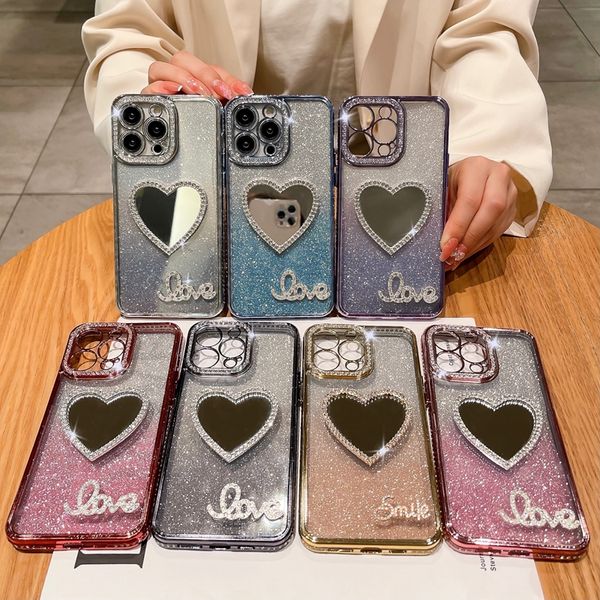 Espelho LOVE Bling Diamond Case para iPhone 15 14 Plus 13 12 11 Pro XR XS MAX X 8 7 Smile Soft TPU Cromado Capas Luxo Coração Make Up Gradiente Glitter Phone Cover