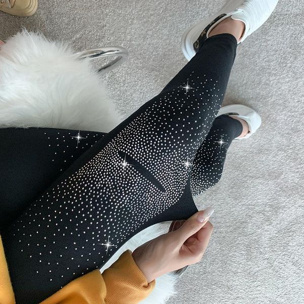 Leggings da donna Autunno Inverno Diamanti Pantaloni neri da club per feste Pantaloni caldi skinny alti con paillettes da donna