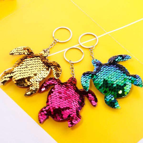 Yaratıcılık Bling Pulin Anahtarlık Kolye El Sanatları Renkli Parlak Kaplumbağa Arabası Ana Zincir Yüzük bayanlar çanta kolye takı Aksesuarları Hediye 50 PCS