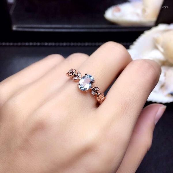 Cluster Rings Natural Blue Aquamarine Gem Ring S925 Silver Gemstone Fashion Flowers Leaf Women Girl Party Gift Jewelry