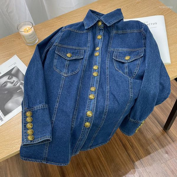 Kadın bluzları Vintage denim gömlek Kadınlar bahar sonbahar gündelik ince bluz zarif altın düğmesi polo boyun uzun kollu kat üst