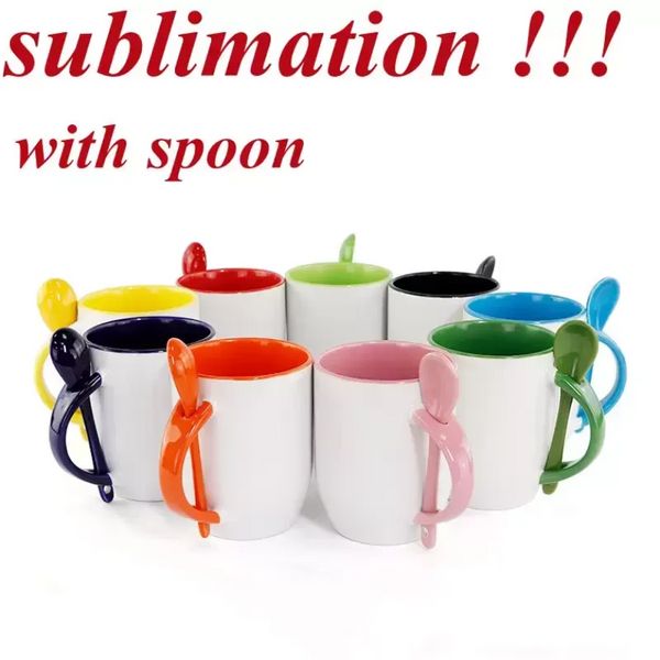 11 Unzen Sublimationskeramikbecher Leere Kaffeetassen mit Löffel Sublimationsbecher Untersetzer Tee Schokolade Keramiktassen ss0308