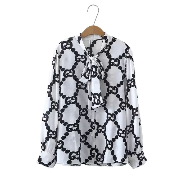 2023 Lady Woman SpringAutumn Fashioned Neck Tie Circular Chain Print Chiffon Shirt