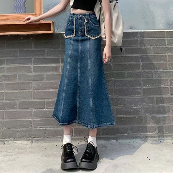 Gonne Y2K Donna Streetwear Coreano Vintage Lunghezza al ginocchio Denim Midi Gonna lunga Vita alta Dritto Jeans grunge Maxi Jean Gonne Abbigliamento 230308