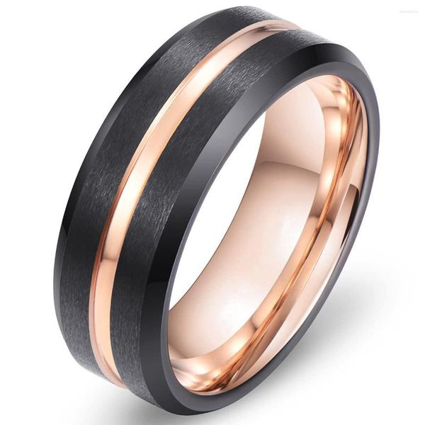 Eheringe Mode Männer 8mm Roségold Farbe Nut abgeschrägte Kante Edelstahl Kohlefaser Ring Punk Zahnrad für Frauen