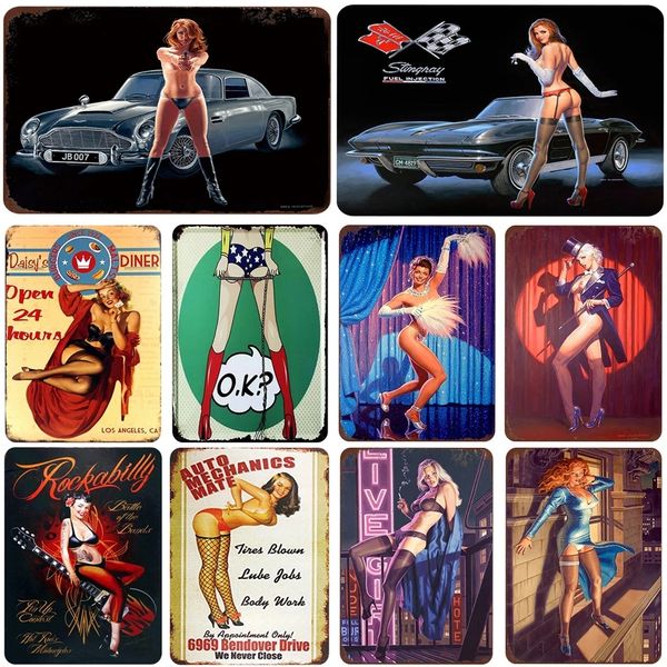 Sexy Lady Pin Up Girl Pittura in metallo Poster Targa in metallo vintage Targa in ferro retrò Decorazione murale Auto da corsa Garage Decorazioni per la casa 30X20 cm W03