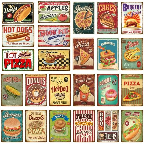 Retro Pizza Art Art Tin Planque Hot Dogs Burgers Metal Знаки барные стены украшения стены олова винтажные металлические знаки домашний декор покраска таблички плакаты.