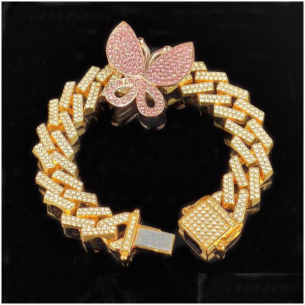 Chain Iced Out Diamond Women Women Bracelets Jóias Tipe Tipo Cubano Link Gold Sier Rosa Drop Butterfly Drop Dat entre Dhgarden Dhlan