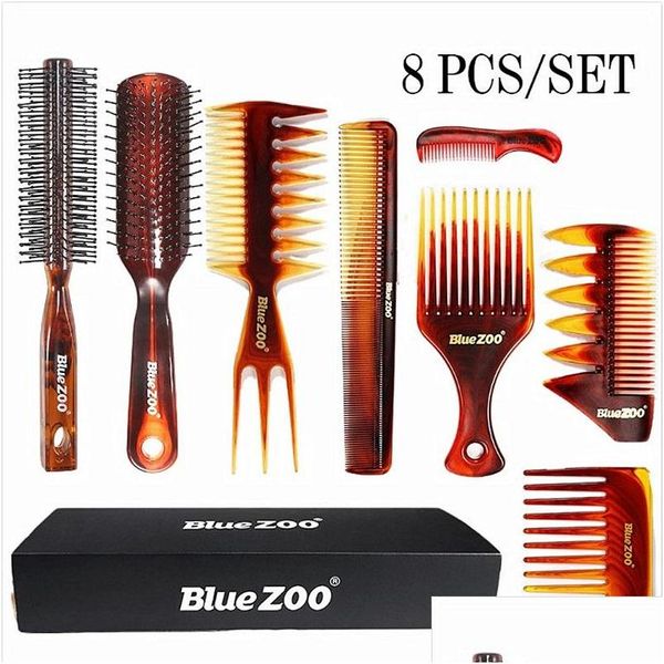 Set Kit Blue Zoo Ambra Pettini Tuta da 8 pezzi Resistente al calore e antistatico Testa d'olio per uomo Capelli posteriori grandi Prodotti per la consegna a goccia Cura St Dhnbd