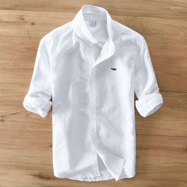 Camisas casuais masculinas linho de algodão para mangas compridas de manga longa de cor sólida cor de praia fit