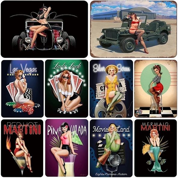 Hot Girl Targa in metallo Poster Vintage Pin Up Girl in metallo Dipinto in latta di metallo Sexy Lady Plate Pittura Decorazione da parete per bar Home Man Cave Art Poster personalizzato 30X20 w01