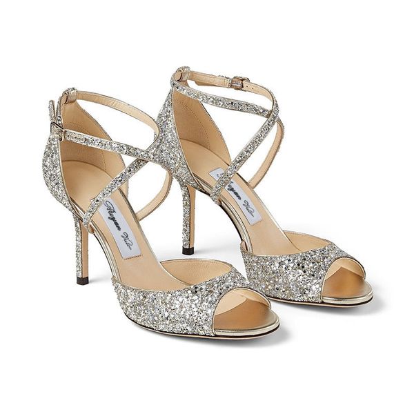 Sandali da donna scintillanti bocca di pesce tacchi alti color champagne spessi e squisiti dita esposte scarpe da sposa chiuse 230308