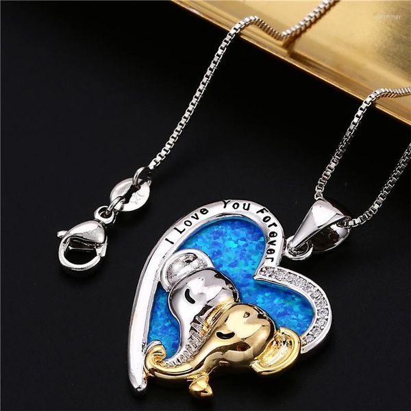 Anhänger Halsketten Niedliche weibliche Gold Elefant Halskette Silber Farbe Hochzeit Kette Herz Vintage Blau Opal für Frauen