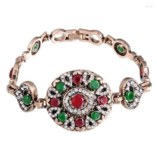 Charm Bilezikler Vintage Türkiye Bilezik Kadınlar İçin Lüks Kırmızı Reçine Rhinestone Kaplama Altın Renk Çiçek Bilek Retro Bohem Takı