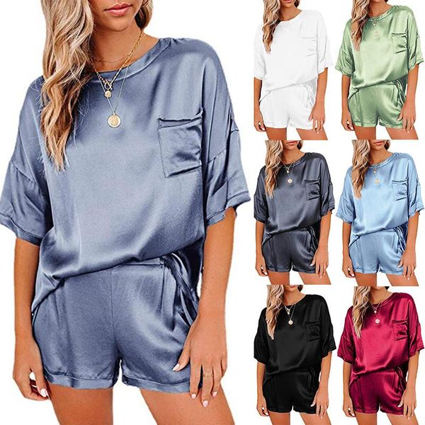 Damen-T-Shirts, Sommer, einfarbig, Satin-Pyjamas, Homewear, kurzärmelige Shorts, zweiteiliges Set, Designer-Outfits für Frauen, gestapelt